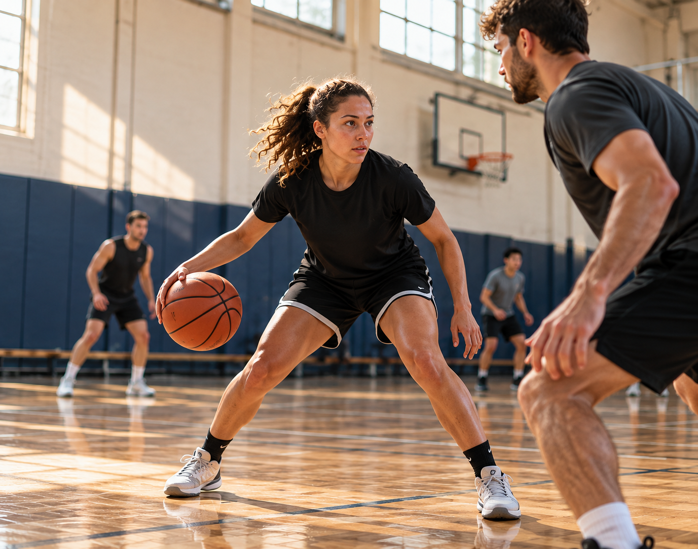 Des joueurs amateurs s’entraînent au basket dans un gymnase.