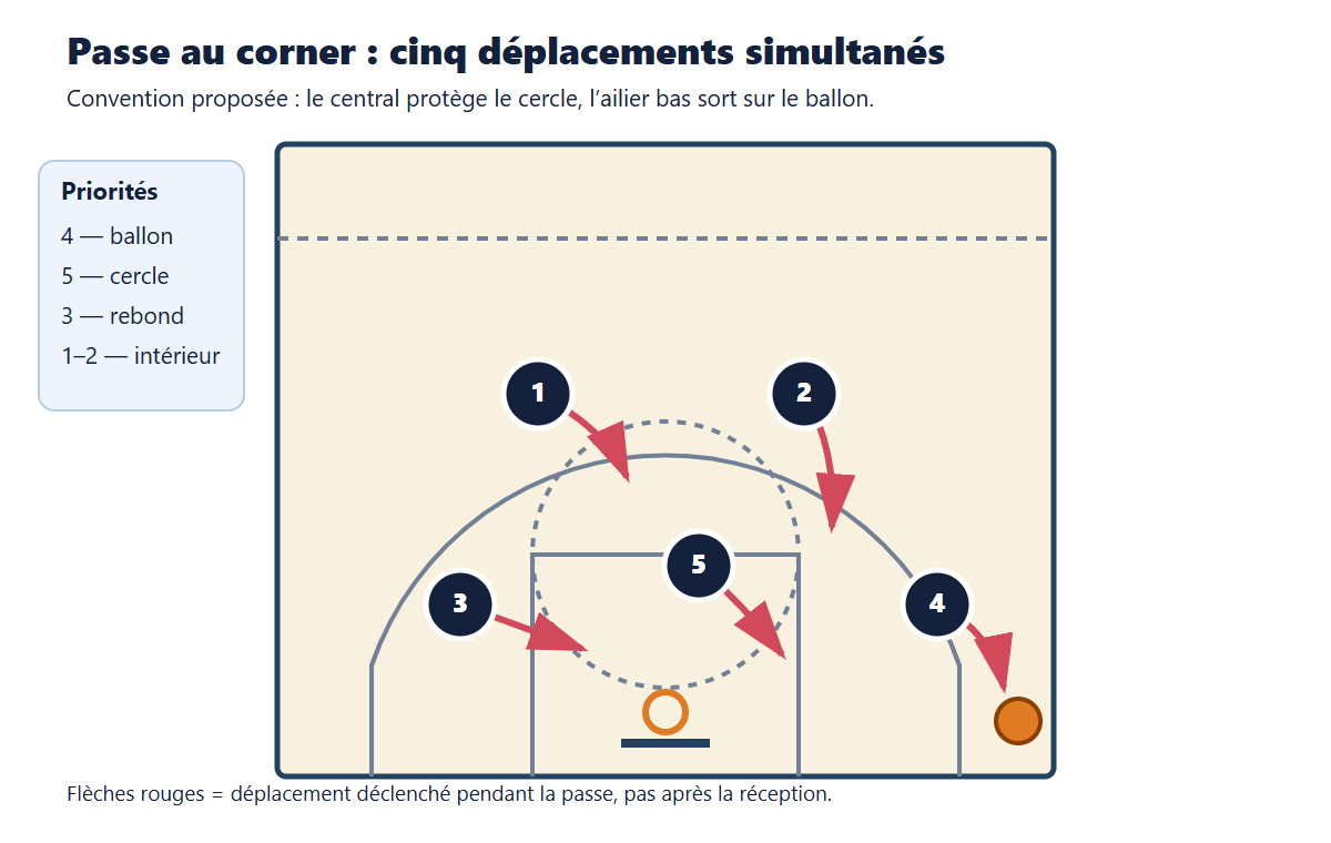 Rotation d’une défense 2–3 quand le ballon passe de l’aile au corner : sortie du défenseur bas, protection du cercle et resserrement du côté faible.