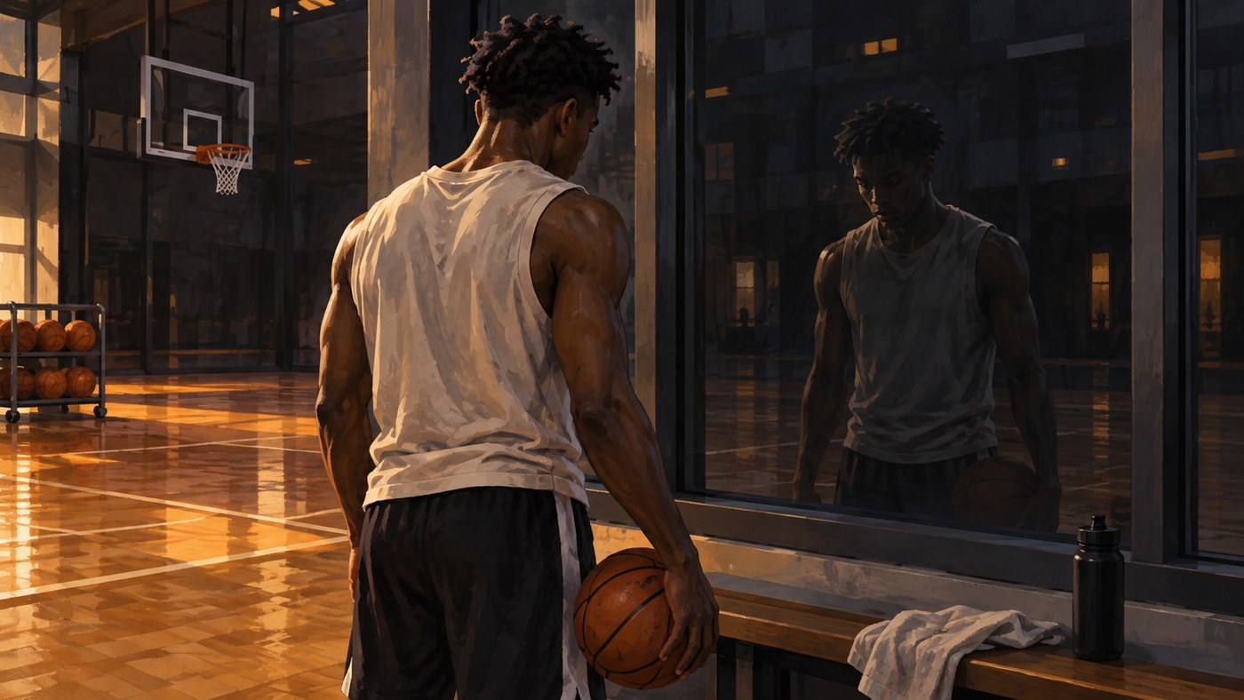 Basketteur anonyme préparant son entrée sur le terrain dans un gymnase sombre.