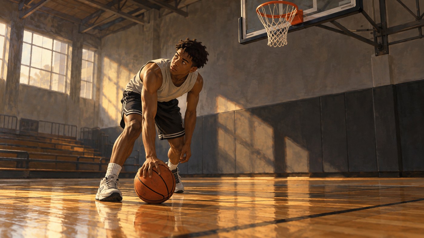 Jeune basketteur anonyme seul face au panier après une tentative manquée.