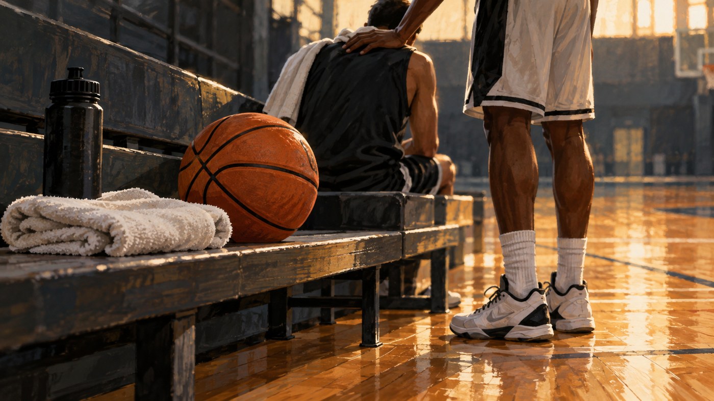 Basketteur anonyme assis près du terrain, accompagné par un membre du staff.