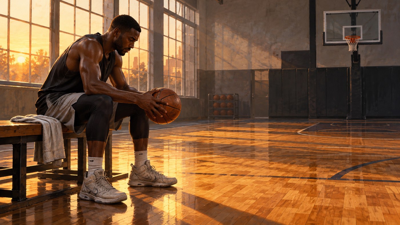 Basketteur anonyme assis sur un banc et regardant le ballon qu’il tient.