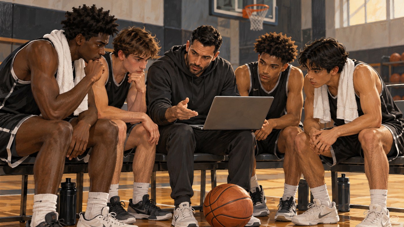 Groupe de basketteurs anonymes réunis autour de leur entraîneur et d’une tablette.