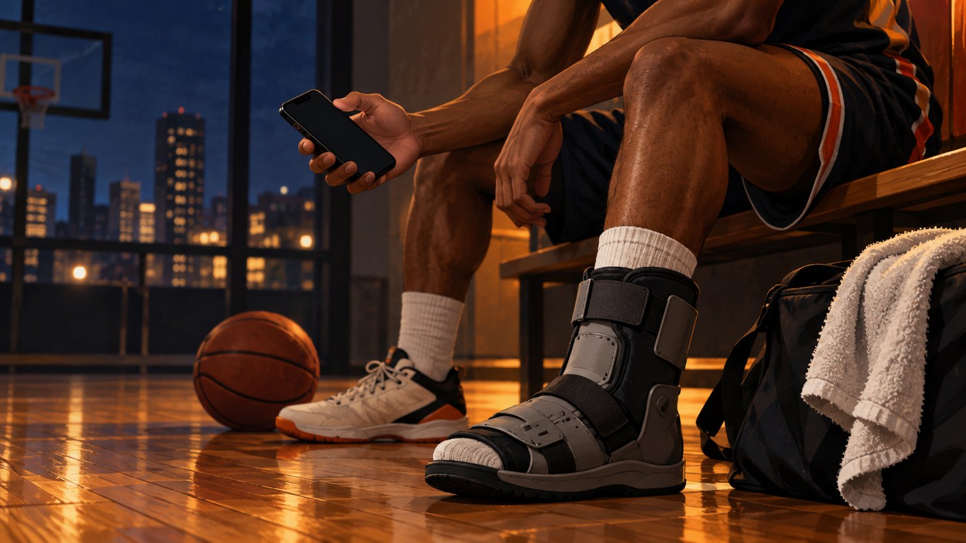 Basketteur anonyme assis avec une jambe immobilisée et un téléphone à la main.