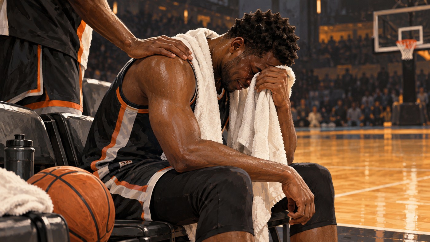 Basketteur anonyme assis sur le banc, une serviette à la main après un effort.