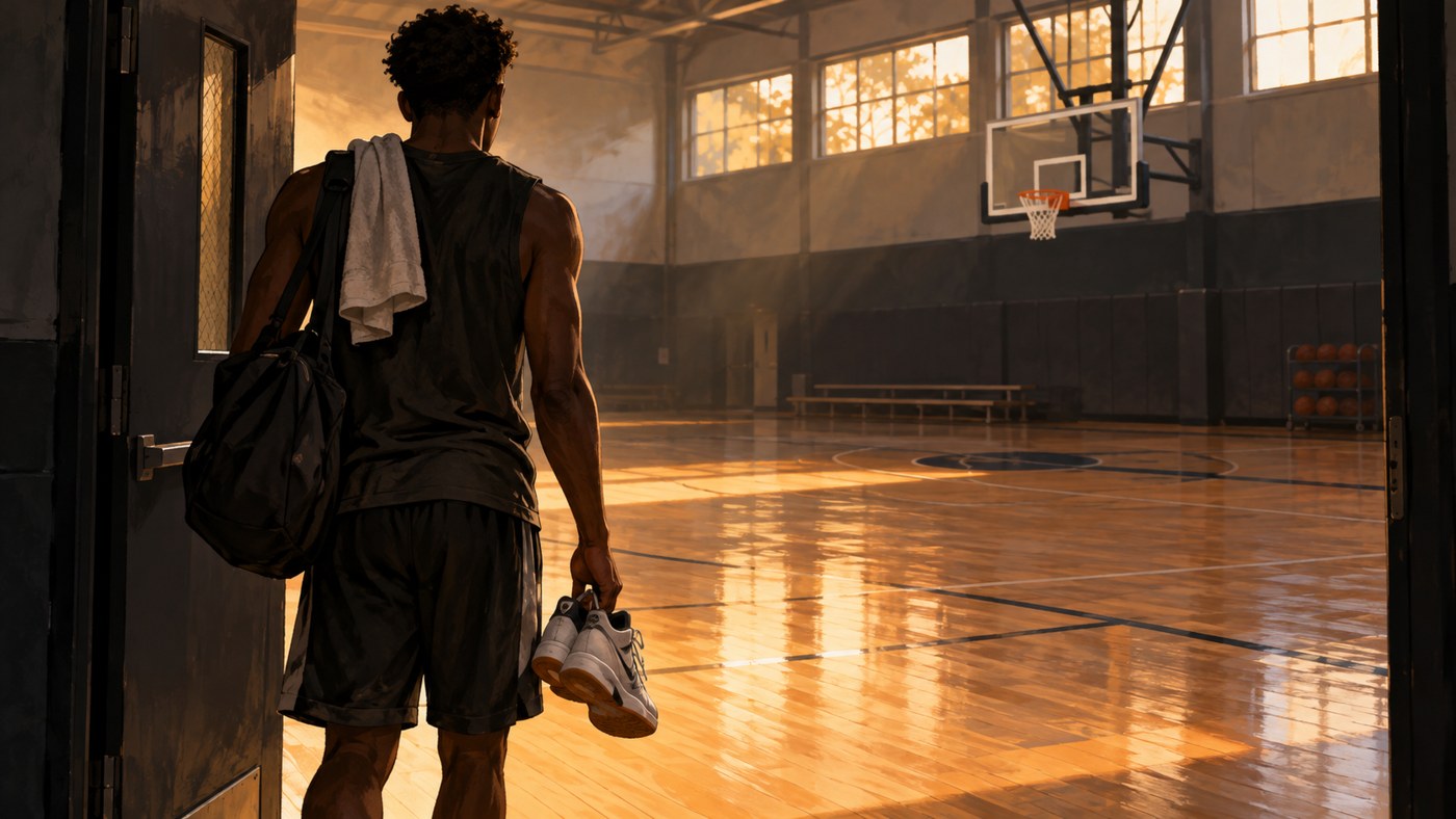 Basketteur anonyme entrant dans un gymnase après une longue absence.