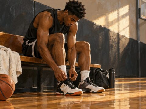 Basketteur anonyme assis dans un gymnase et ajustant sa chaussure.