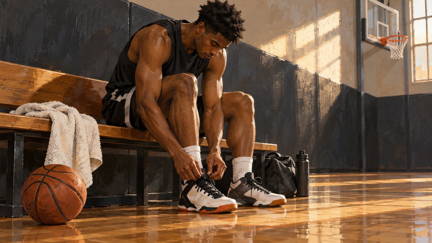 Basketteur anonyme assis dans un gymnase et ajustant sa chaussure.