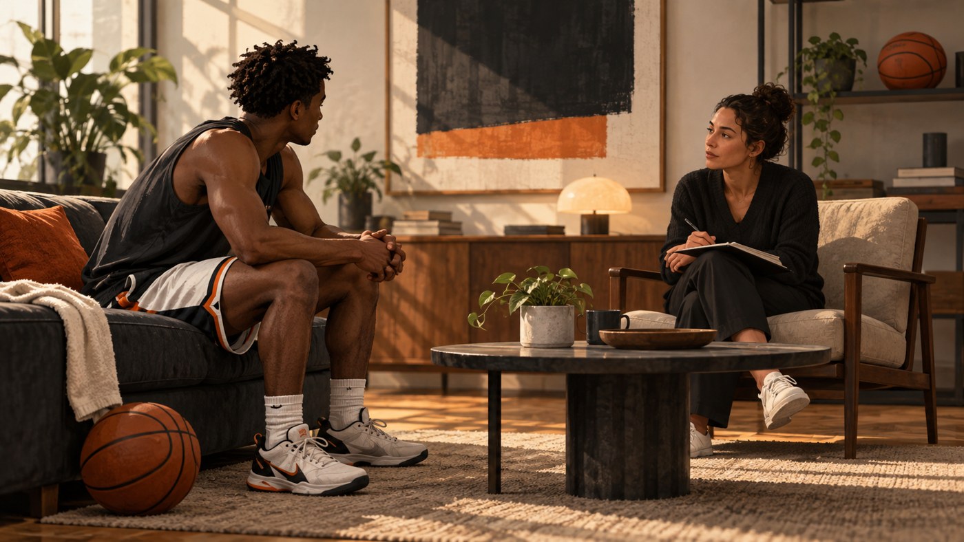 Basketteur anonyme discutant avec une personne de confiance près d’un terrain.