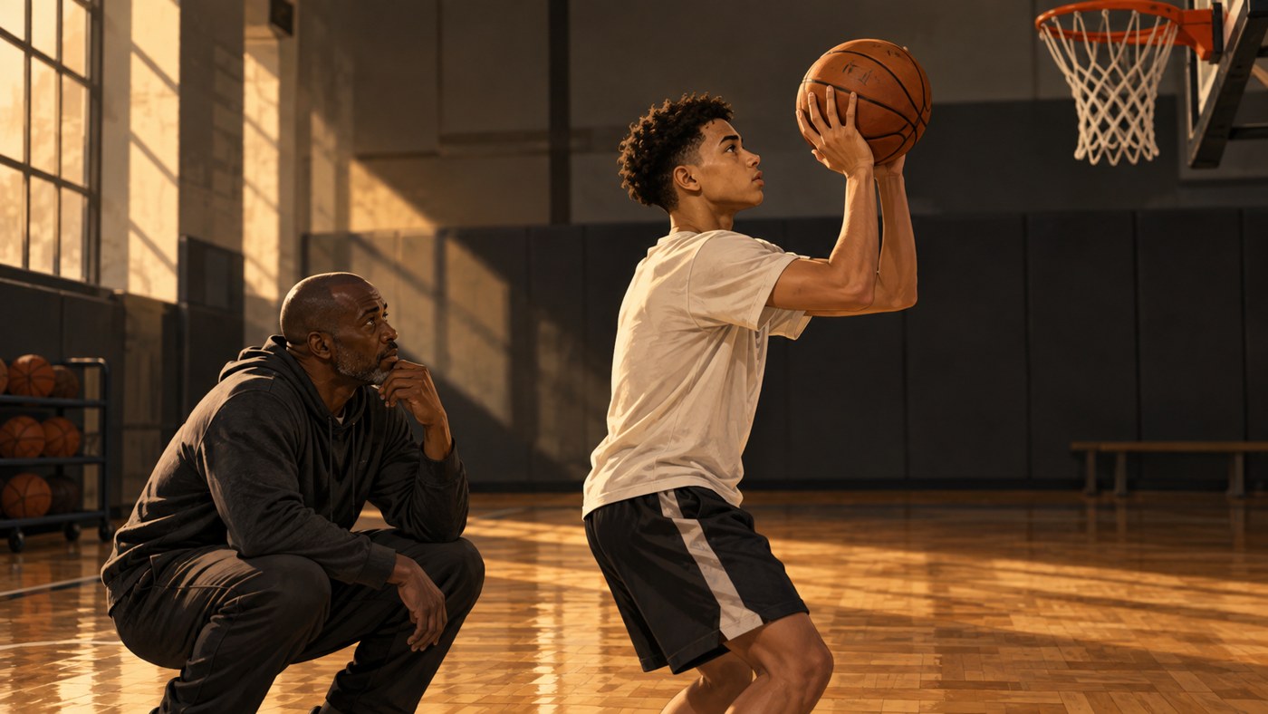 Jeune basketteur anonyme travaillant son tir près du panier avec un entraîneur.