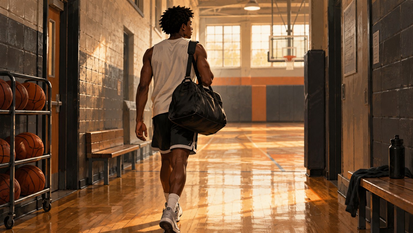 Basketteur anonyme arrivant dans un petit gymnase, un sac à l’épaule.