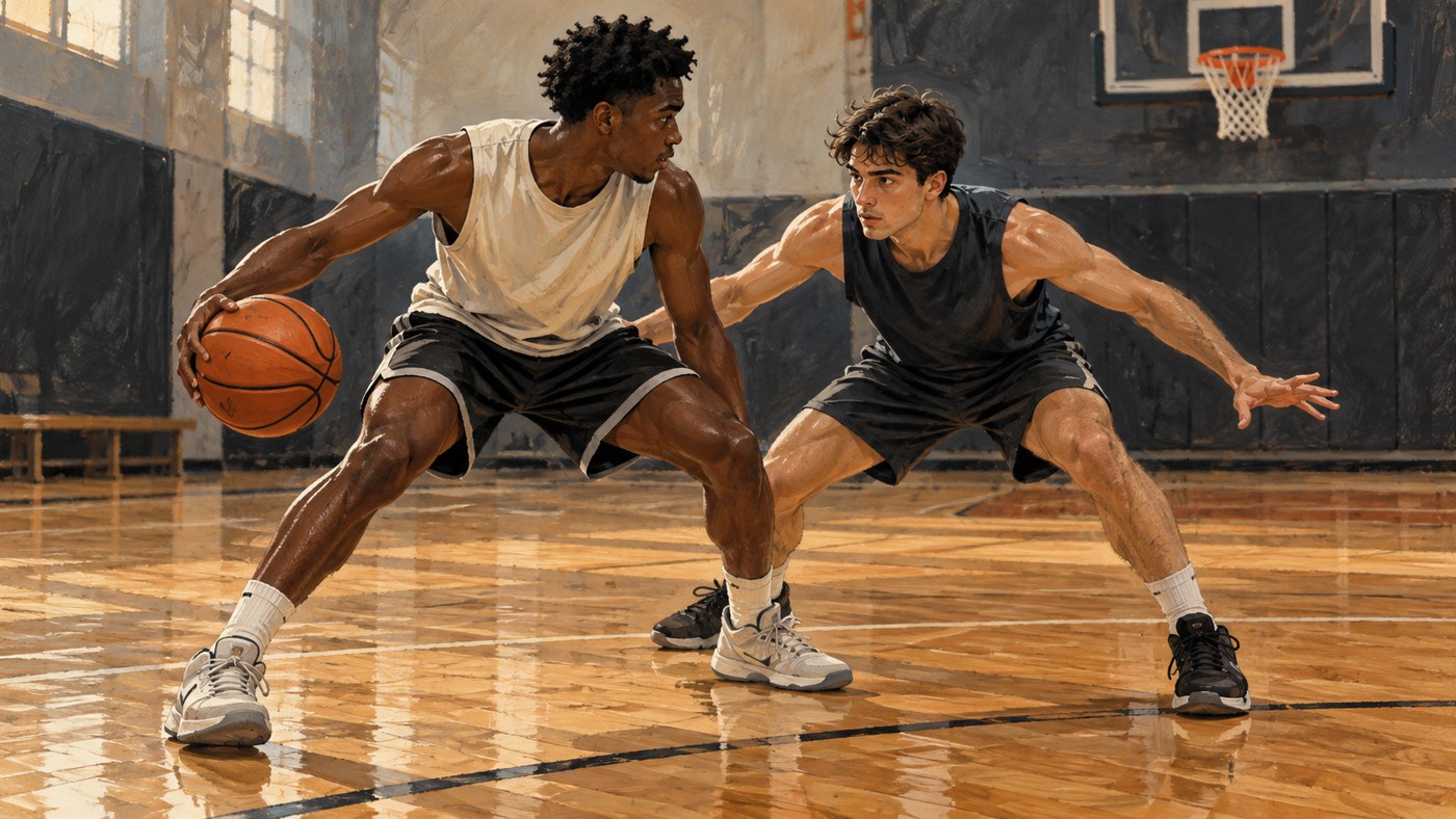 Deux basketteurs anonymes en opposition, l’un dribblant face à un défenseur.