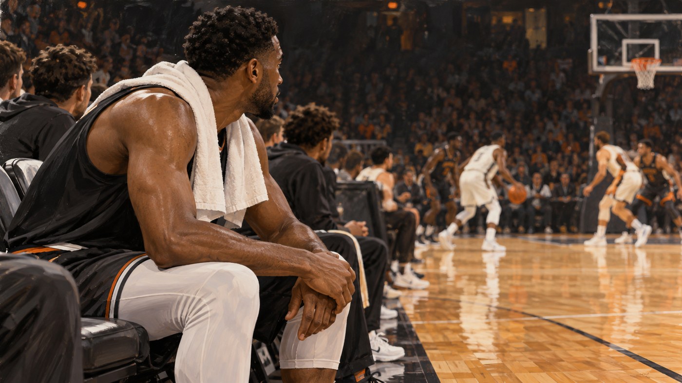 Basketteur anonyme observant le match depuis le banc.