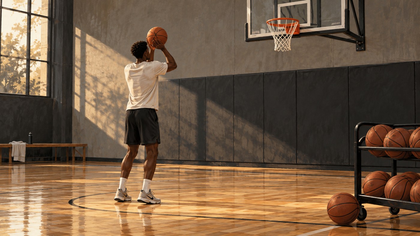 Basketteur anonyme continuant son travail de tir dans un gymnase.