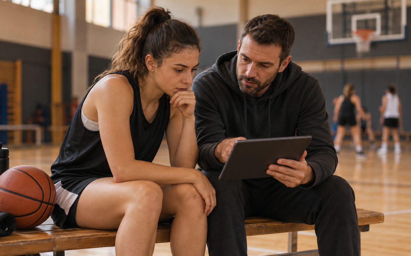 Une basketteuse et son entraîneur étudient une tablette au bord du terrain.
