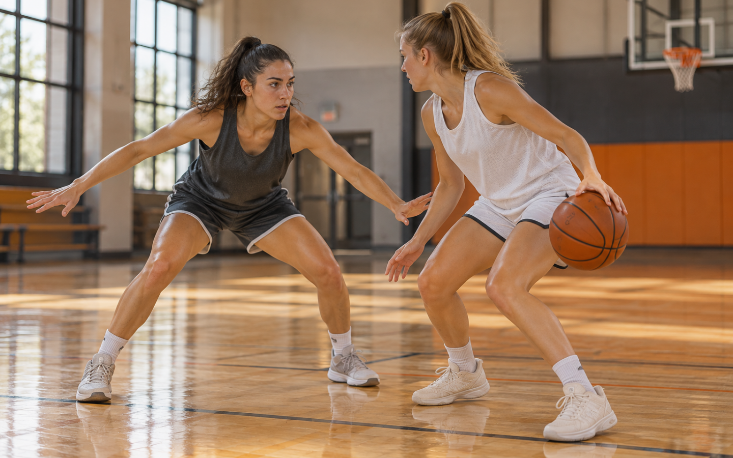 Une basketteuse en position défensive fait face à une adversaire qui dribble.