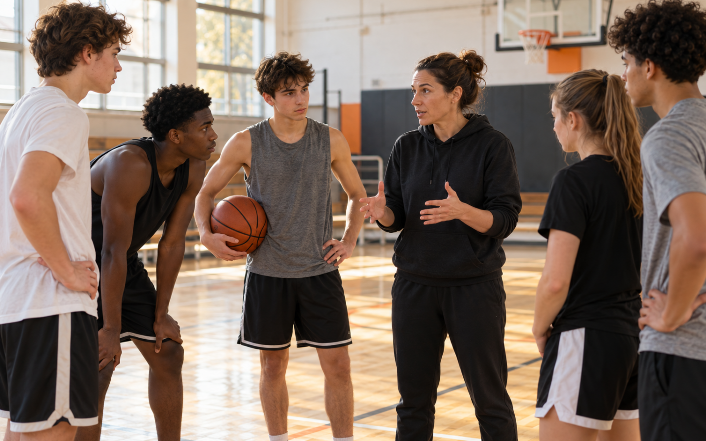 Une entraîneuse donne des consignes à un groupe de jeunes basketteurs dans un gymnase.