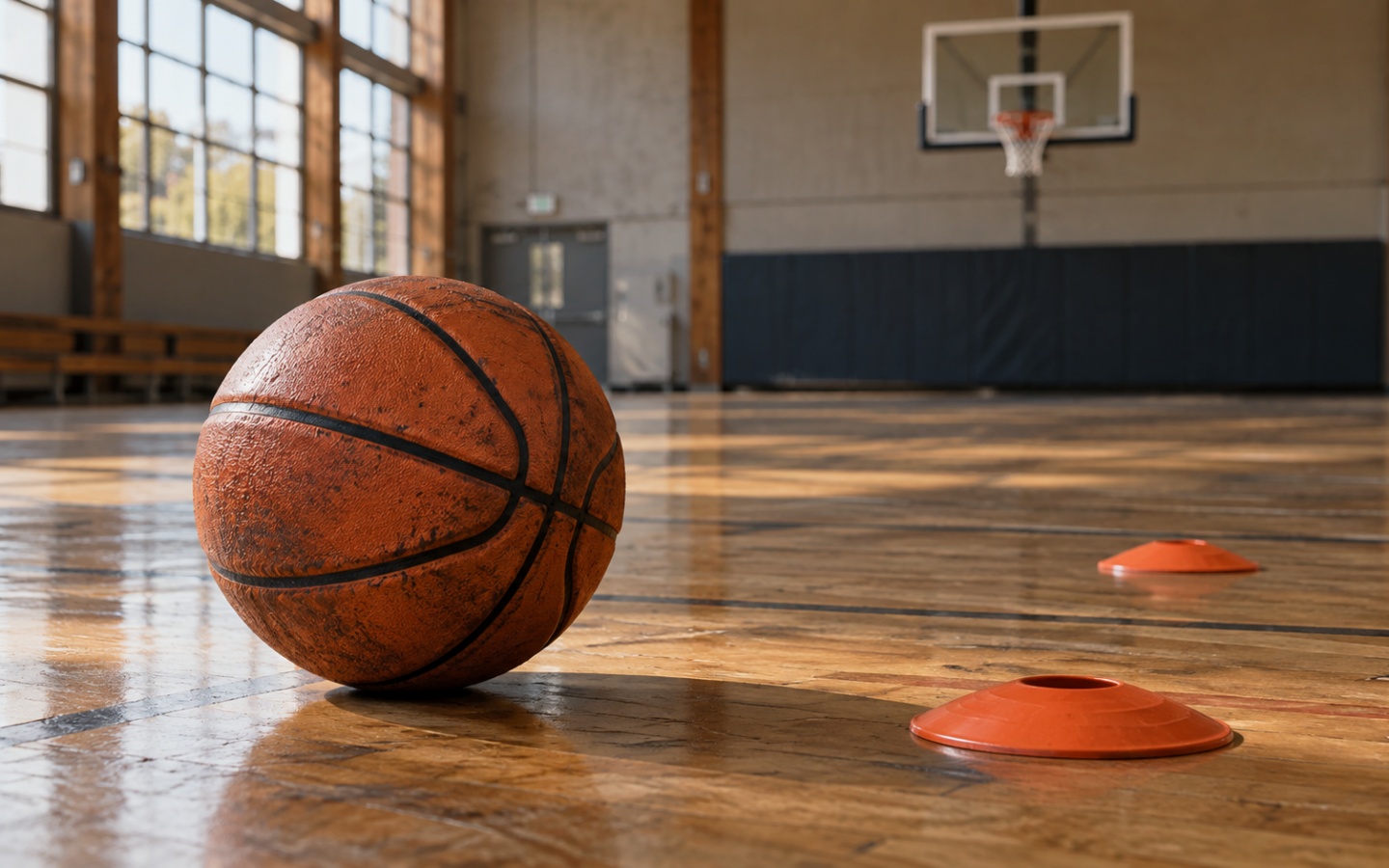 Ballon de basket orange et coupelles d’entraînement sur le parquet d’un gymnase.