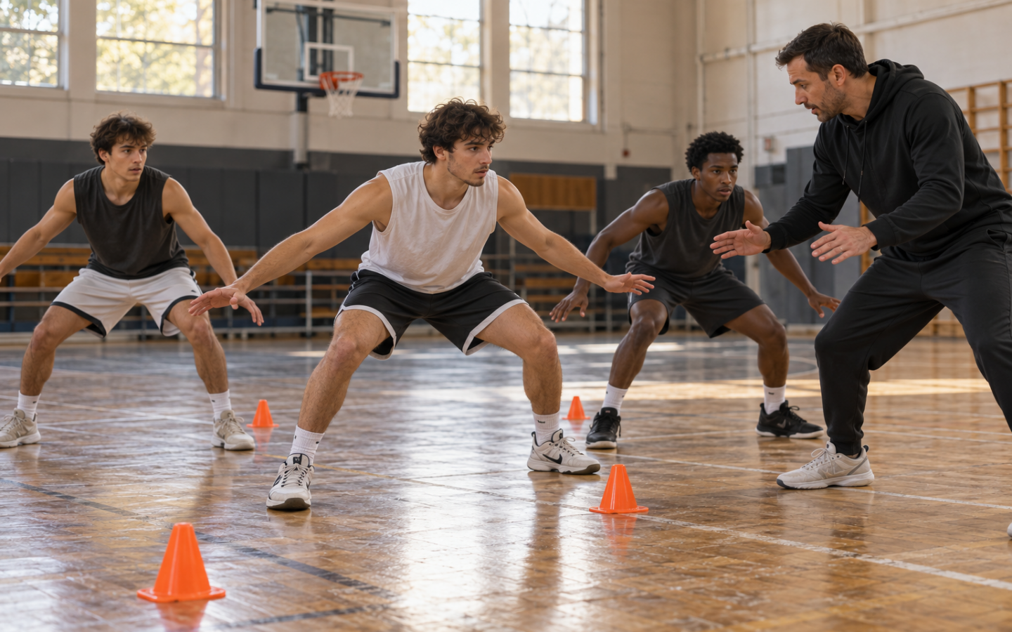 Un entraîneur guide trois basketteurs dans un exercice d’appuis défensifs entre des plots.