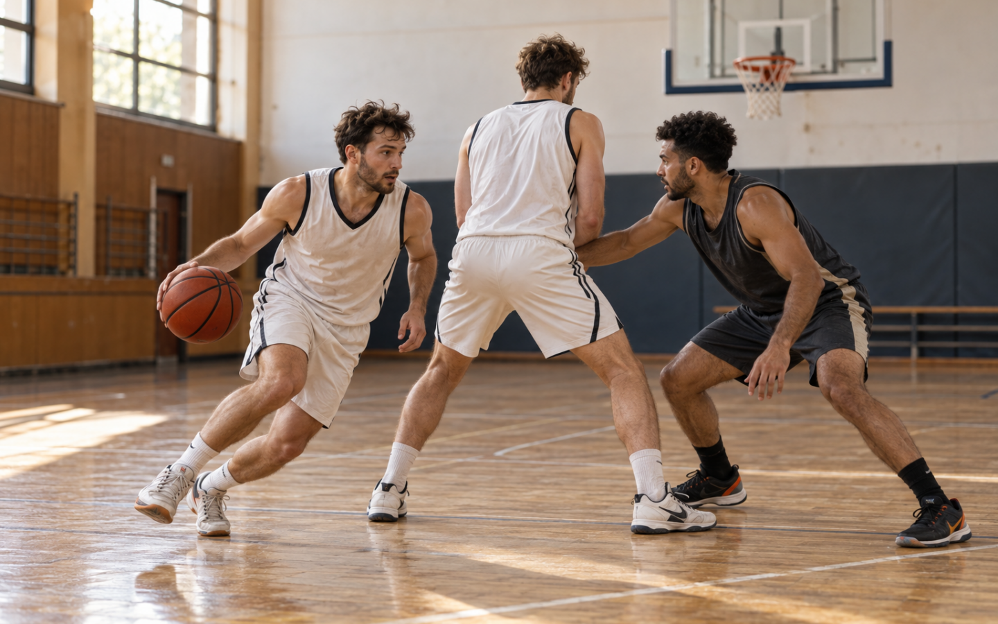 Un porteur de balle utilise l’écran de son coéquipier face à un défenseur dans un gymnase.