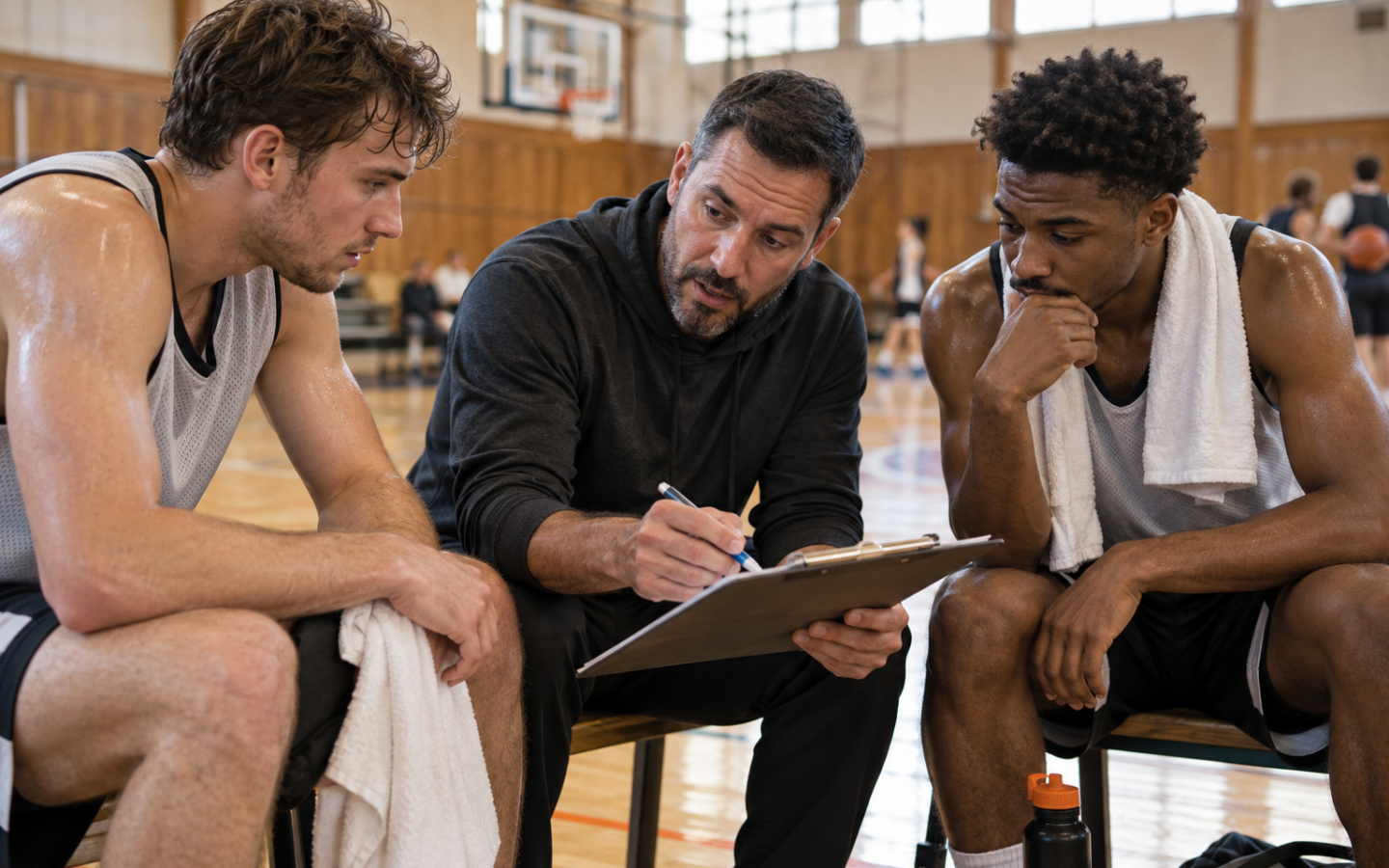 Un entraîneur échange avec deux basketteurs autour d’une fiche de préparation au bord du terrain.